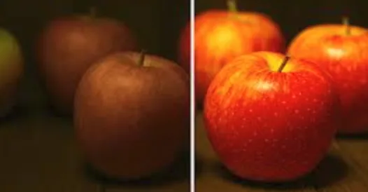 Comparison of how the same scene looks under poor-CRI versus full-spectrum lighting — washed-out, inaccurate colors vs. crisp, true rendering.