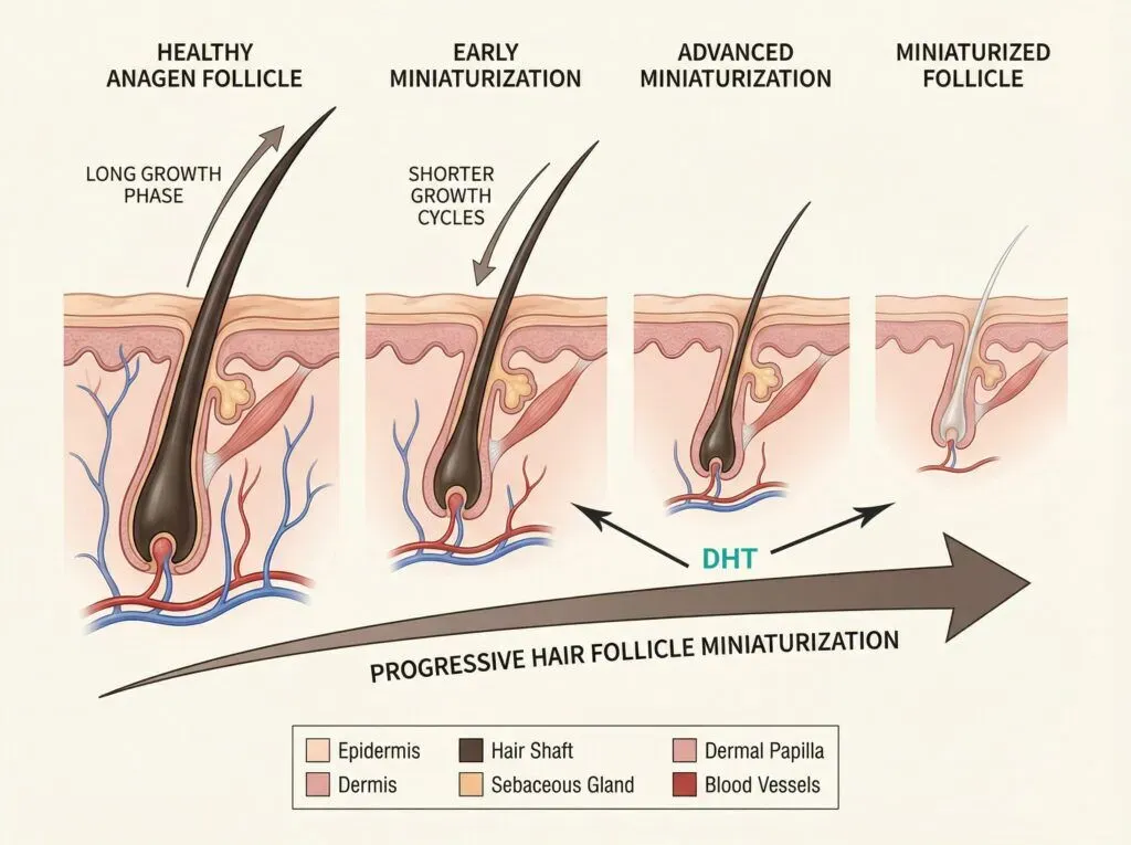 Progressive miniaturization of a hair follicle under DHT exposure, from thick terminal hair to fine vellus hair and eventual dormancy.