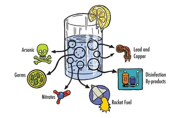 Illustration of a water glass contaminated with arsenic, germs, nitrates, rocket fuel, lead and copper, and disinfection byproducts.